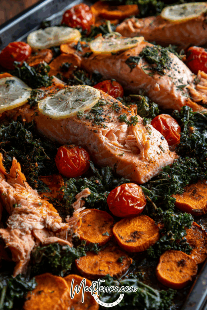 Sheet-Pan Sweet Potato, Kale & Salmon Dinner