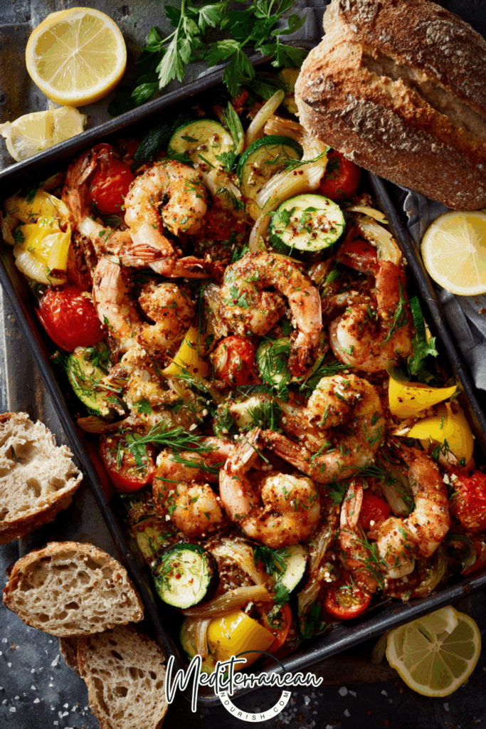 Sheet-Pan Mediterranean Prawn & Vegetable Bake
