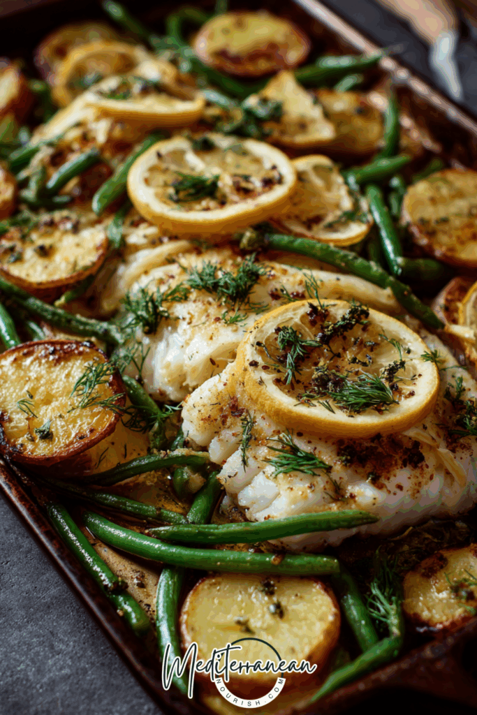 One-Pan Greek-Style Baked Fish with Potatoes & Green Beans
