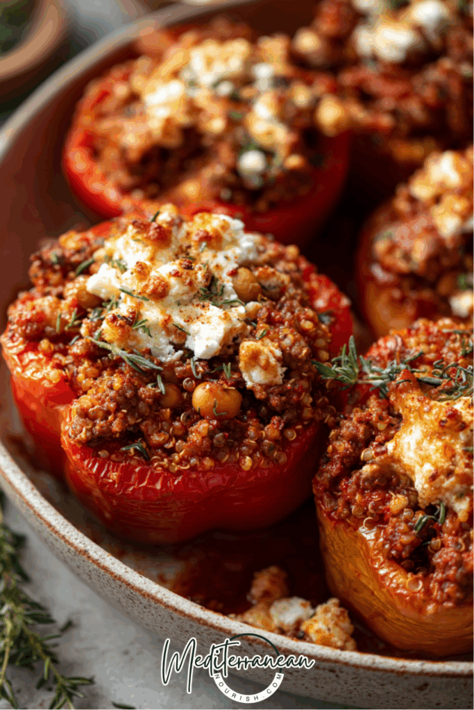 Mediterranean Stuffed Peppers with Ground Beef & Quinoa