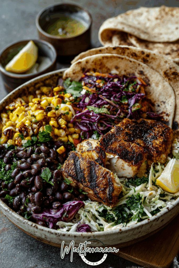 Fish-Taco Bowls with Grilled White Fish, Cabbage Slaw & Whole Grain Tortilla