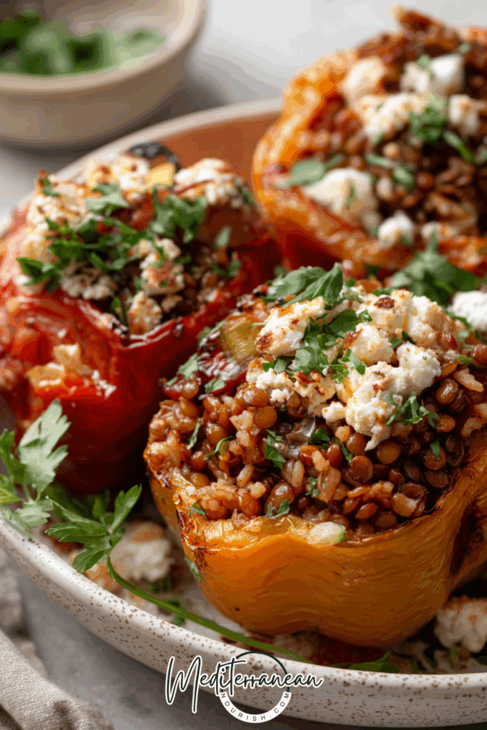 Stuffed Peppers with Brown Rice, Lentils & Feta