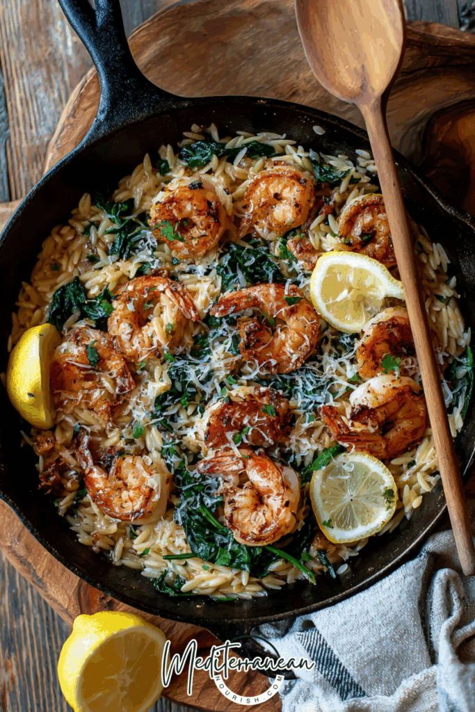 Lemon Garlic Shrimp with Orzo & Spinach