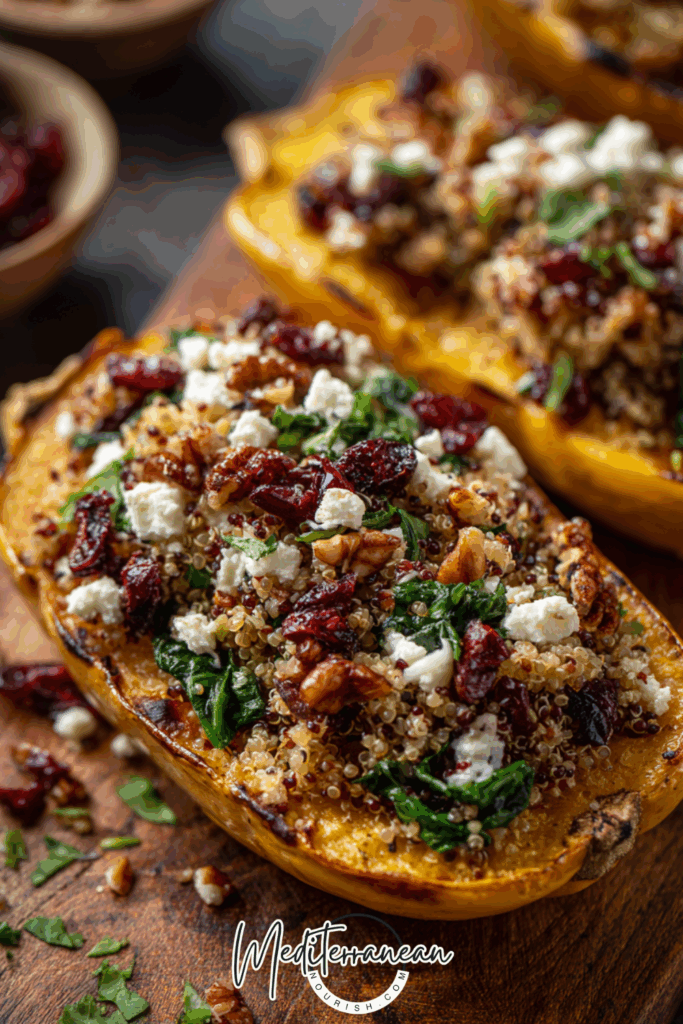 Stuffed Delicata Squash with Quinoa, Feta & Cranberries