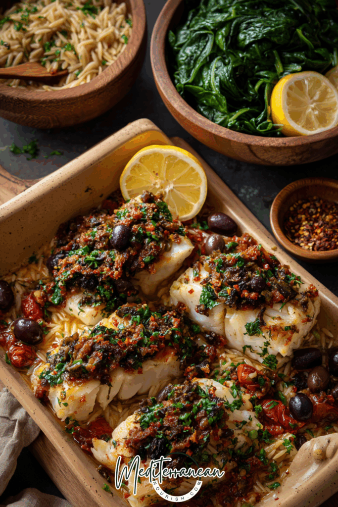 Baked Cod with Olive-Tomato Tapenade + Whole Grain Orzo