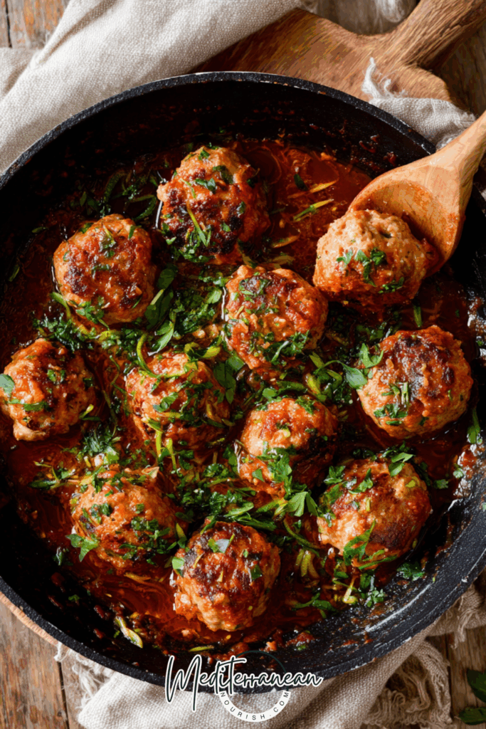 Greek-Style Skillet Meatballs (Lean Beef or Turkey) in Tomato-Herb Sauce