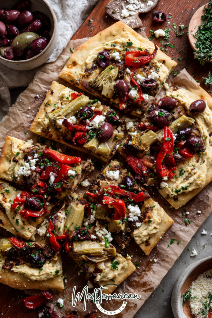 Mediterranean Flatbread with Olives & Roasted Vegetables
