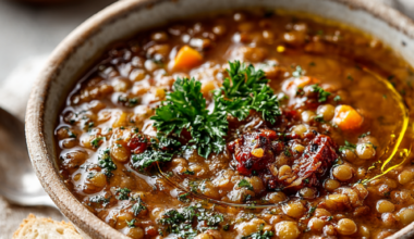 A top-down view of a steaming bowl of Mediterranean lentil soup, garnished with fresh parsley and a drizzle of olive oil, served in a minimalist ceramic bowl on a dark slate surface.