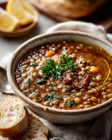 A top-down view of a steaming bowl of Mediterranean lentil soup, garnished with fresh parsley and a drizzle of olive oil, served in a minimalist ceramic bowl on a dark slate surface.