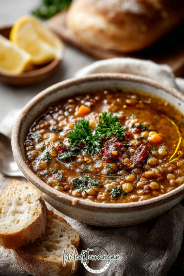 A top-down view of a steaming bowl of Mediterranean lentil soup, garnished with fresh parsley and a drizzle of olive oil, served in a minimalist ceramic bowl on a dark slate surface.