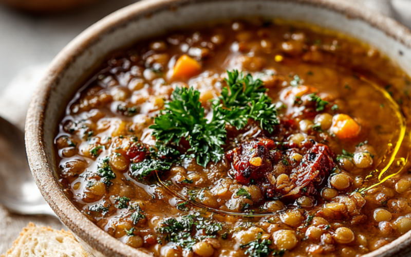 A top-down view of a steaming bowl of Mediterranean lentil soup, garnished with fresh parsley and a drizzle of olive oil, served in a minimalist ceramic bowl on a dark slate surface.