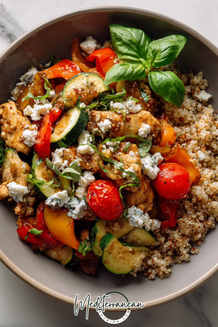 Searing diced chicken breast in a pan for a quick Mediterranean stir fry recipe.