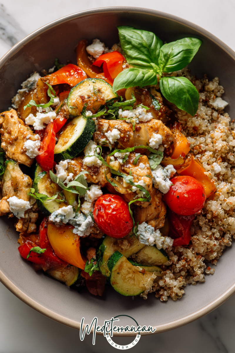 Searing diced chicken breast in a pan for a quick Mediterranean stir fry recipe.