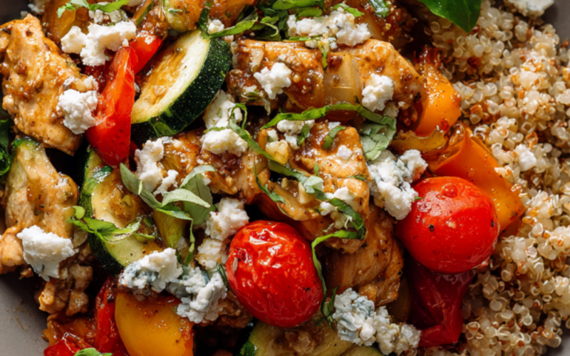 Searing diced chicken breast in a pan for a quick Mediterranean stir fry recipe.